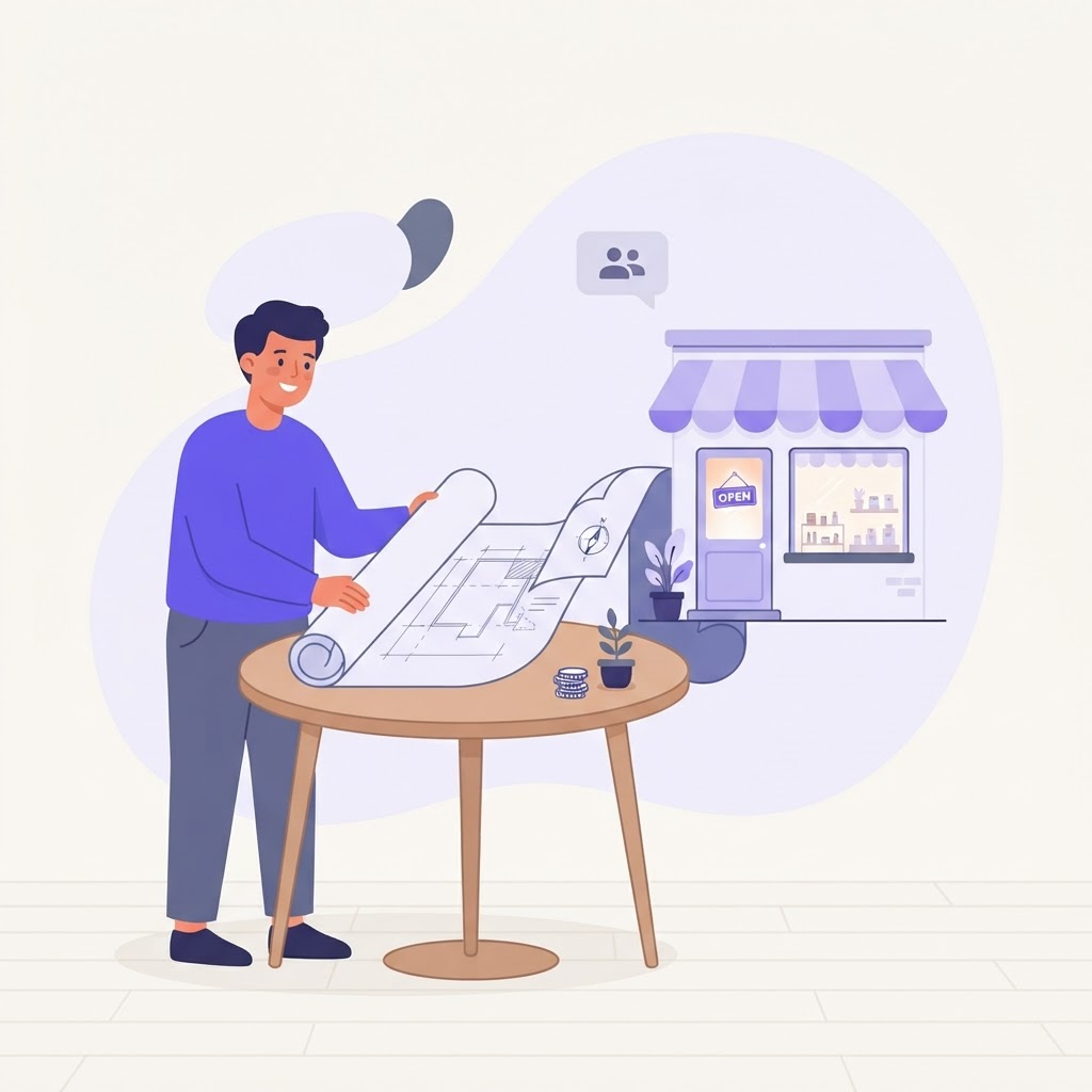 Illustration of a business plan unfolding into a small storefront ready for its first customer