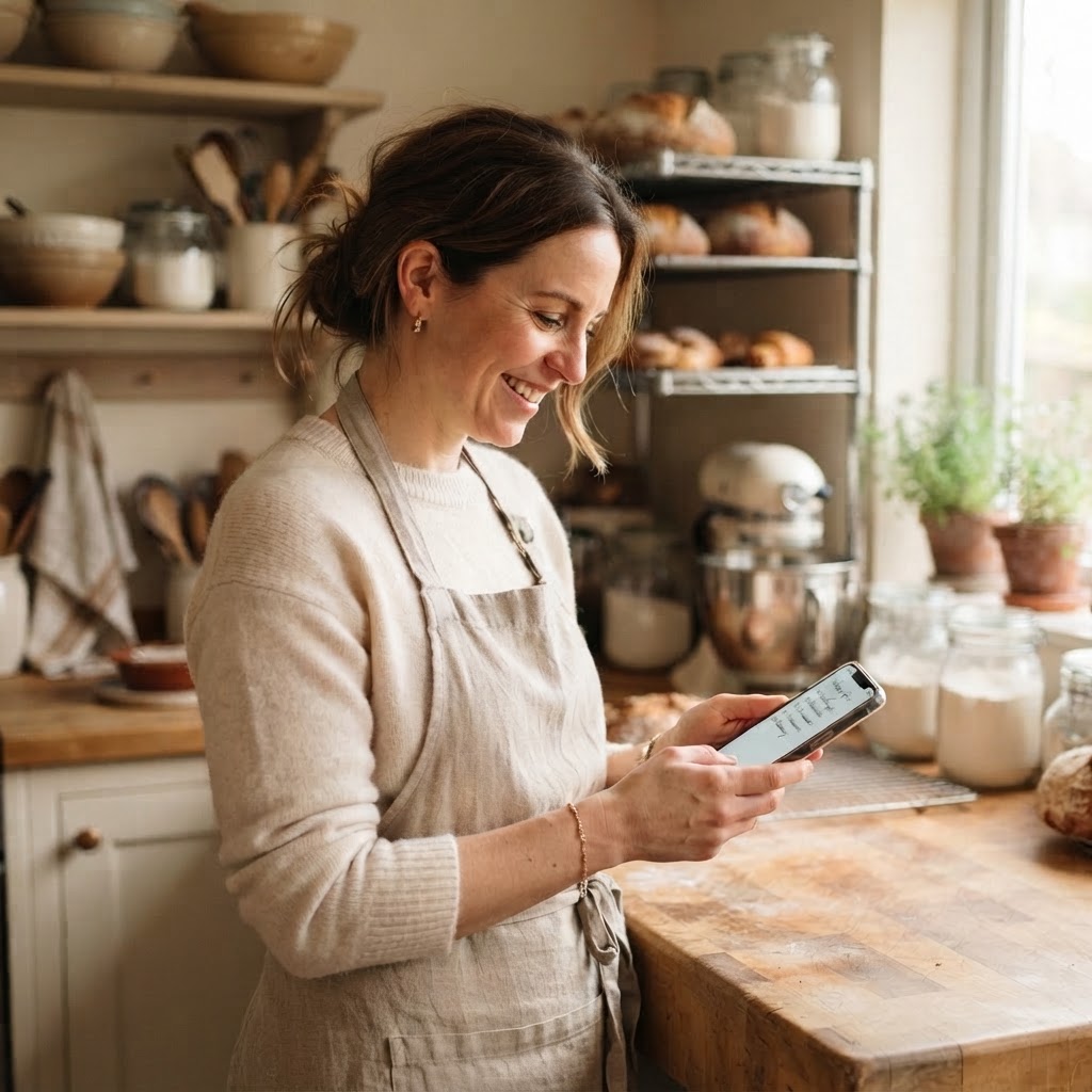 A home baker checking a customer order on her phone