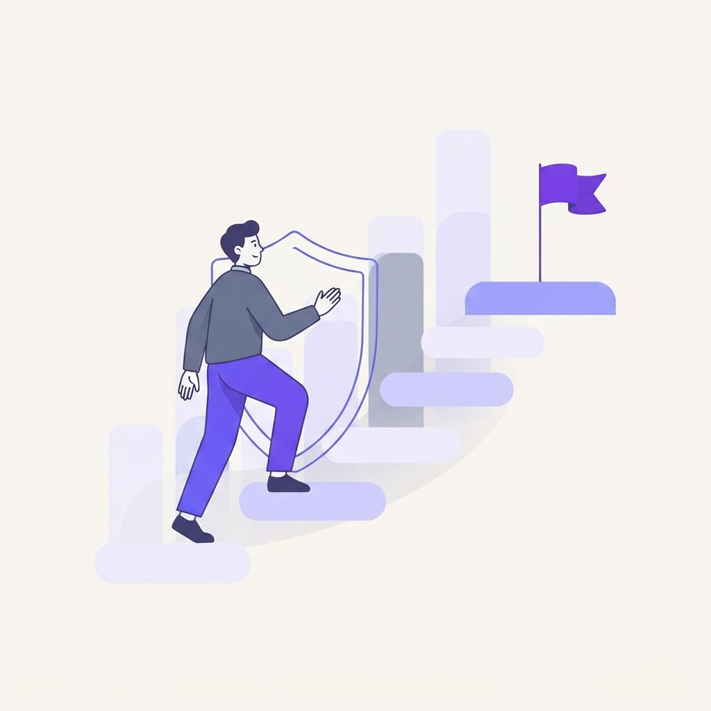 Illustration of a person climbing steps toward a protective shield, representing growing career security