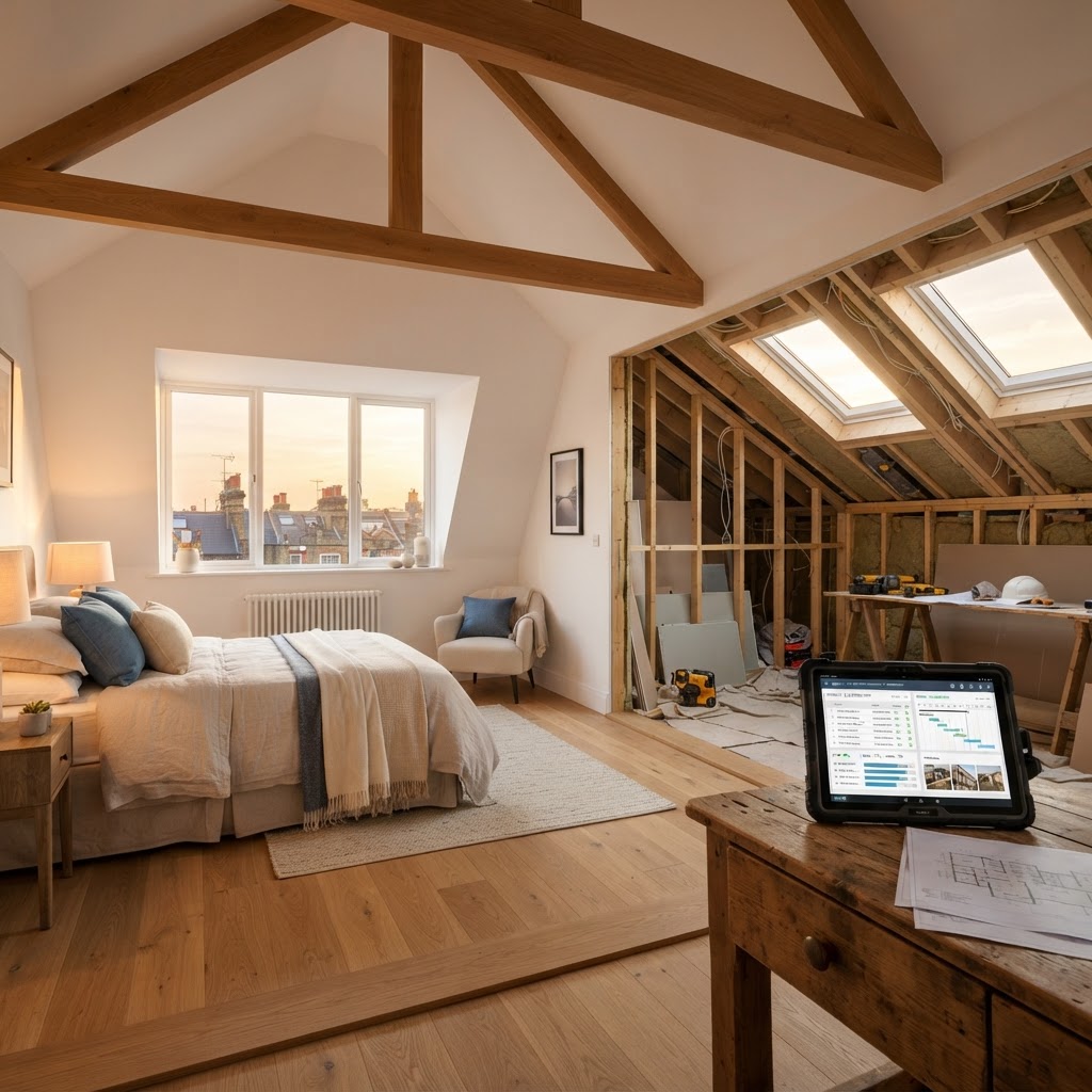 A bright, finished loft conversion interior managed with NGC Build App