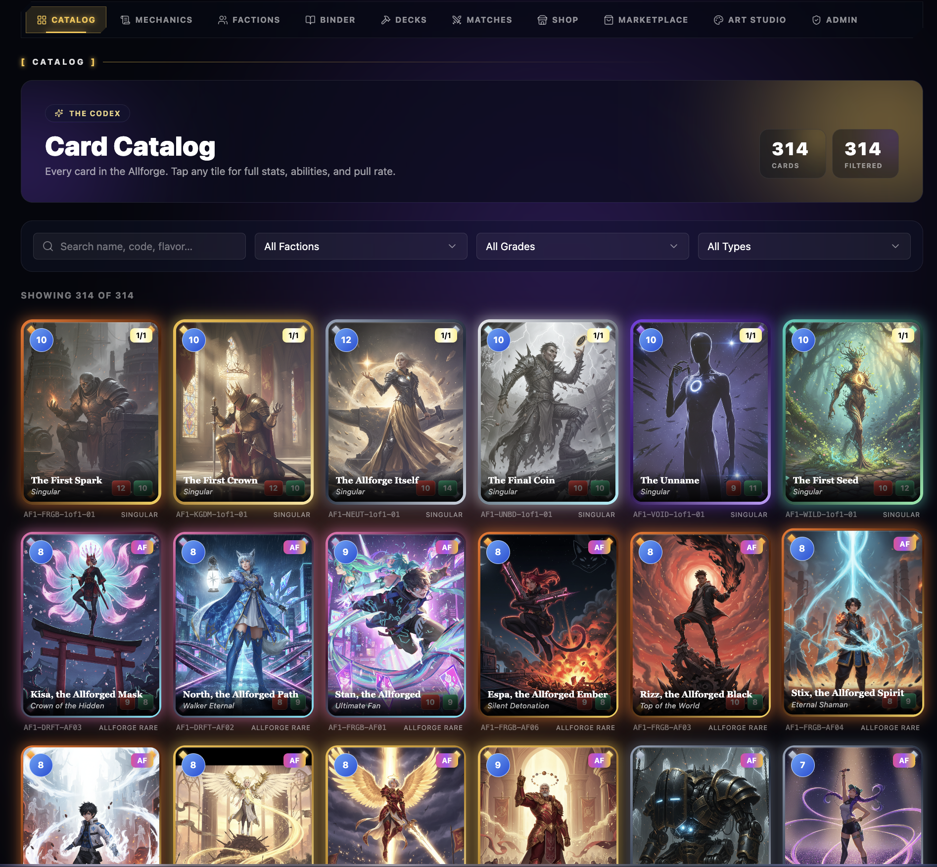 Allforge card catalog with character cards