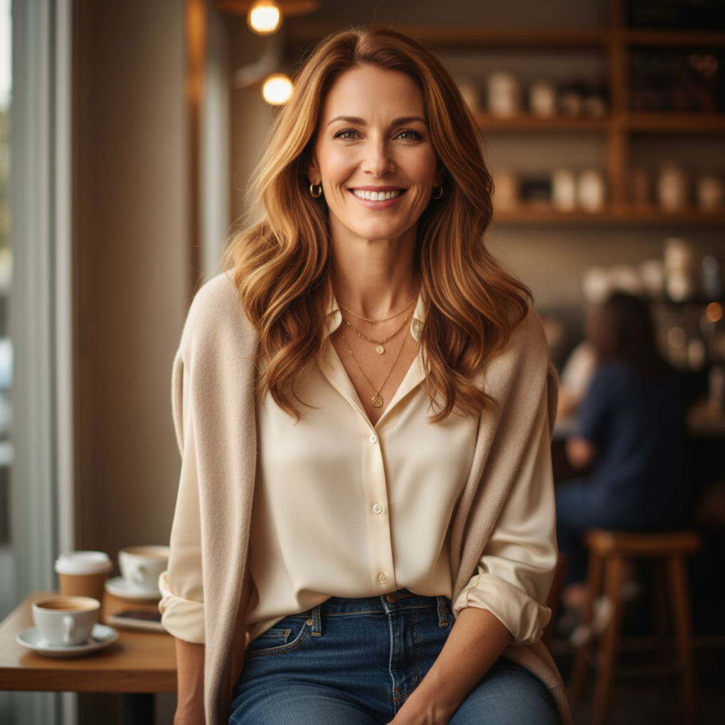 Smiling person at a cafe