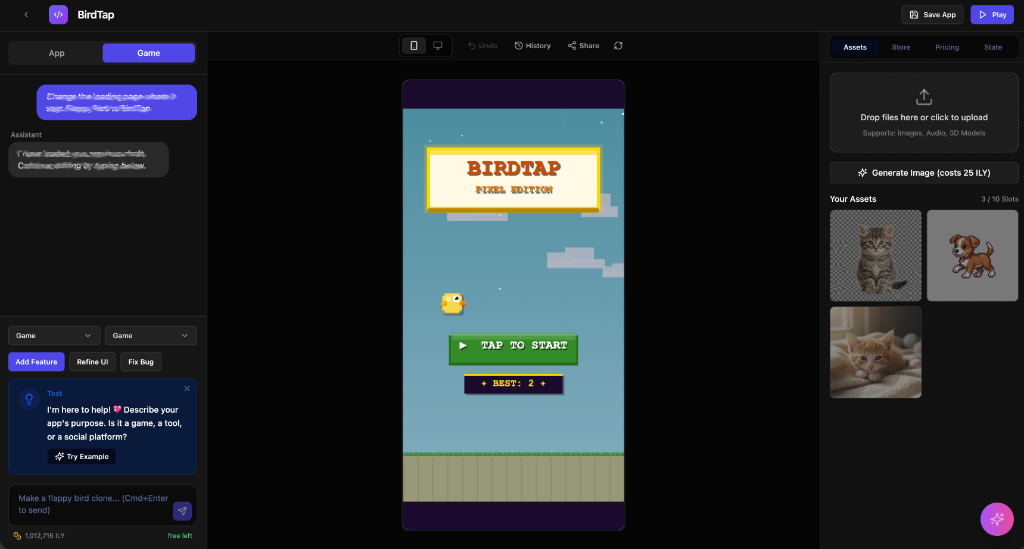 Forge AI app builder — building 'BirdTap', a flappy bird clone, from a plain English prompt