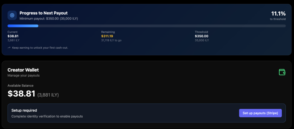 Creator Wallet showing ILY balance, progress to next payout, and Stripe payout setup