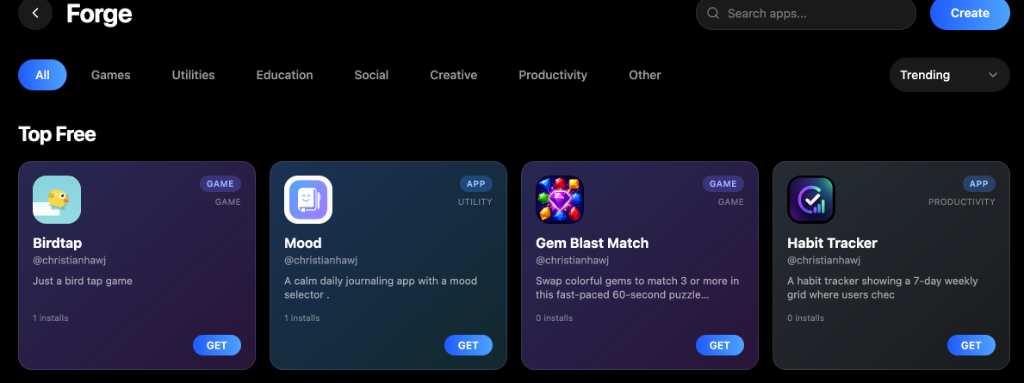 Forge marketplace showing Top Free apps including Birdtap, Mood, Gem Blast Match, and Habit Tracker