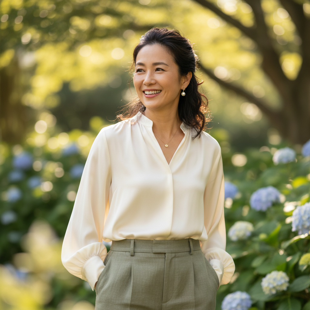 Smiling person in a garden