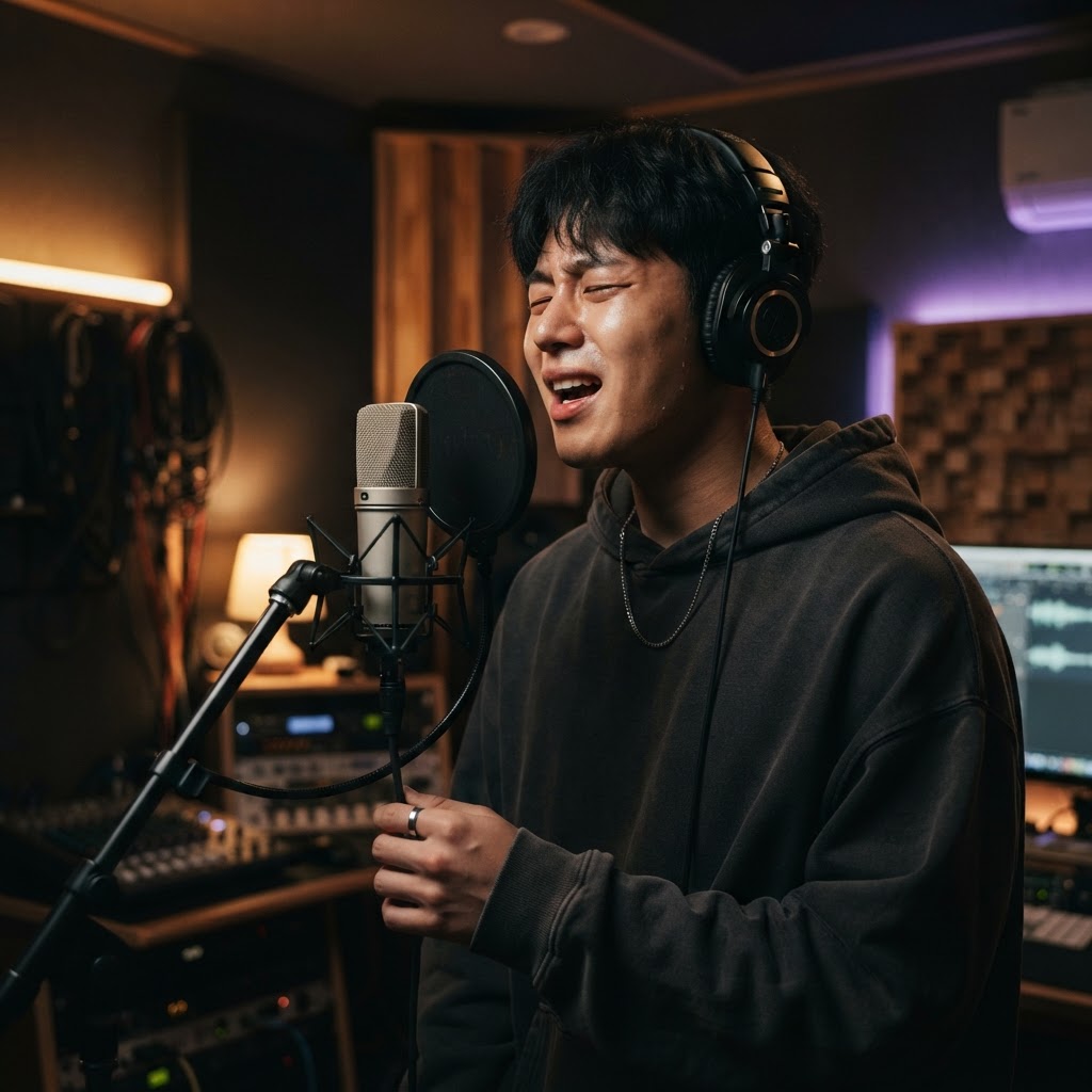 A young Korean artist sings in a recording studio