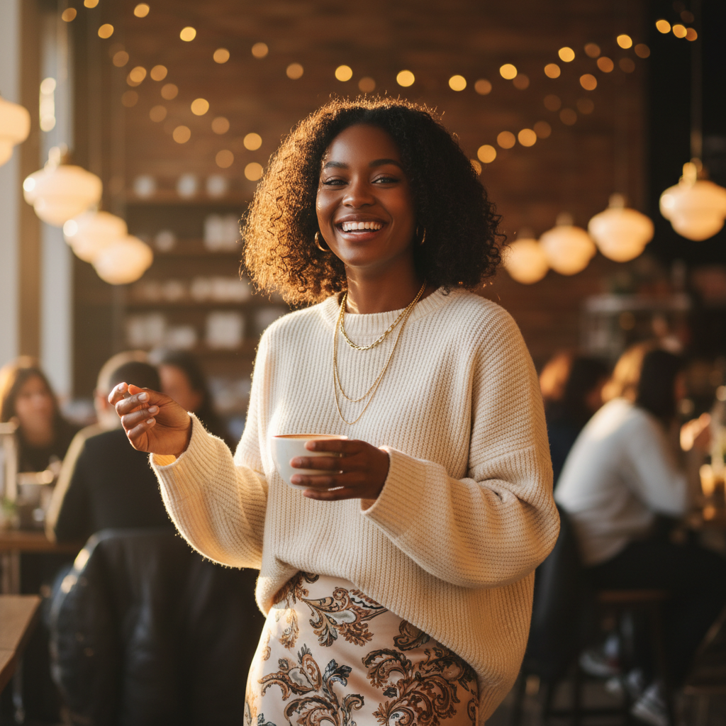 Smiling person at a cafe