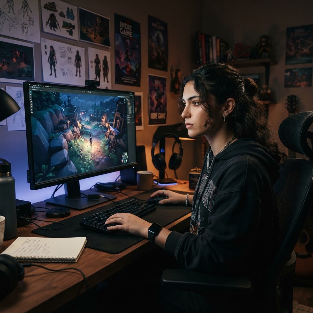 A young game creator focuses on making a game at a PC