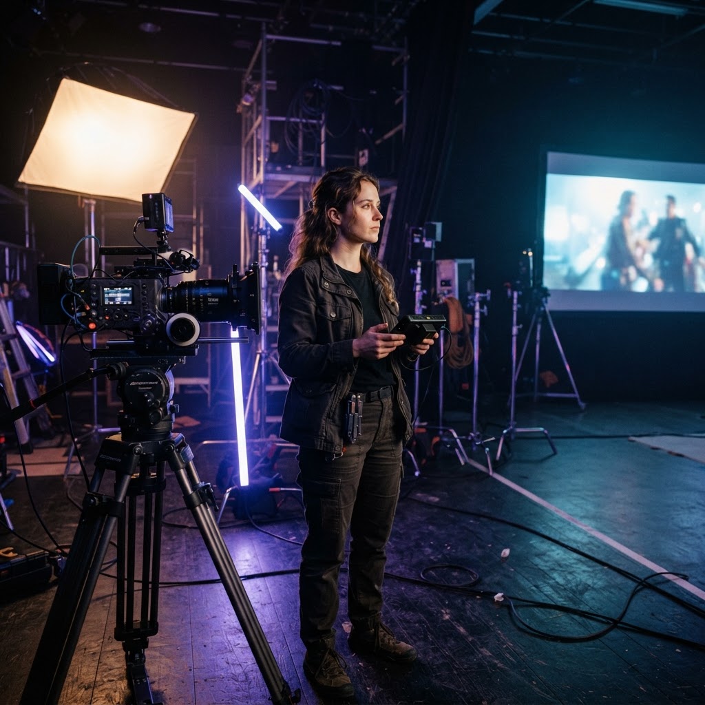 A real filmmaker at work on a cinematic set