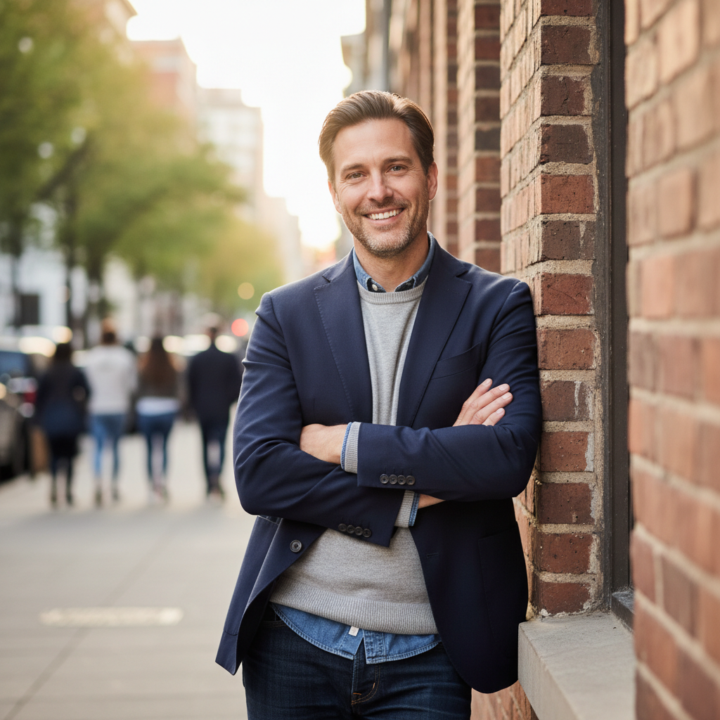 Smiling person in the city