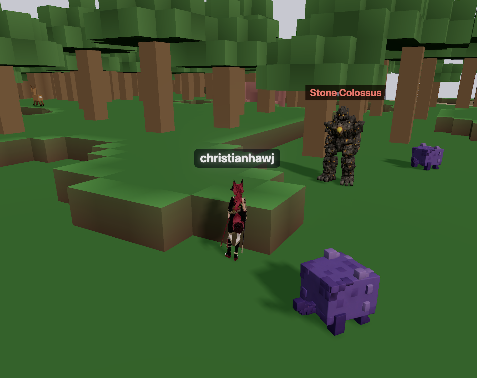Blockles gameplay in a forest with a Stone Colossus
