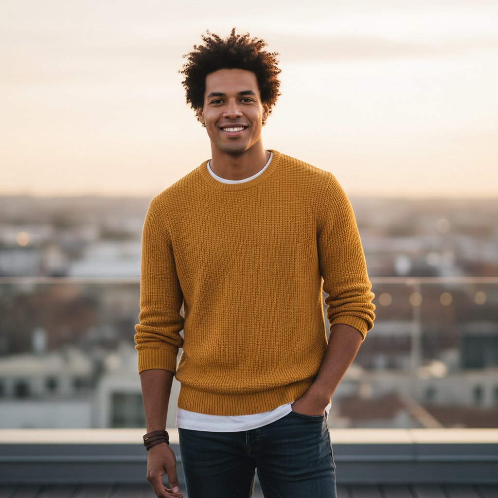 Smiling person on a rooftop