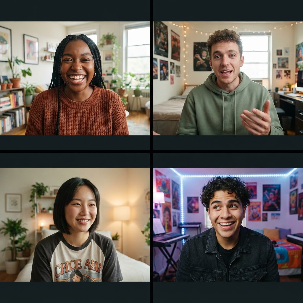 Four young friends chatting over video call