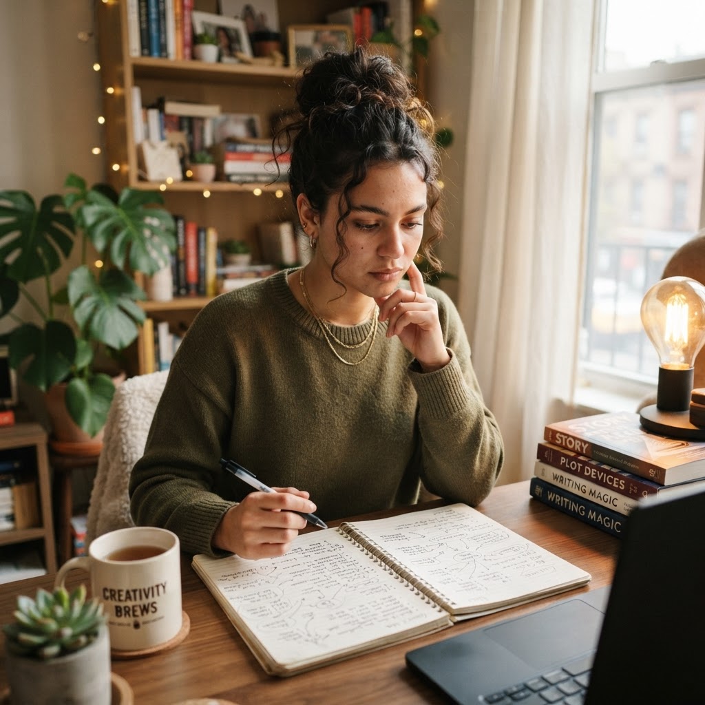Young writer with tied-up hair thinking over her novel notes