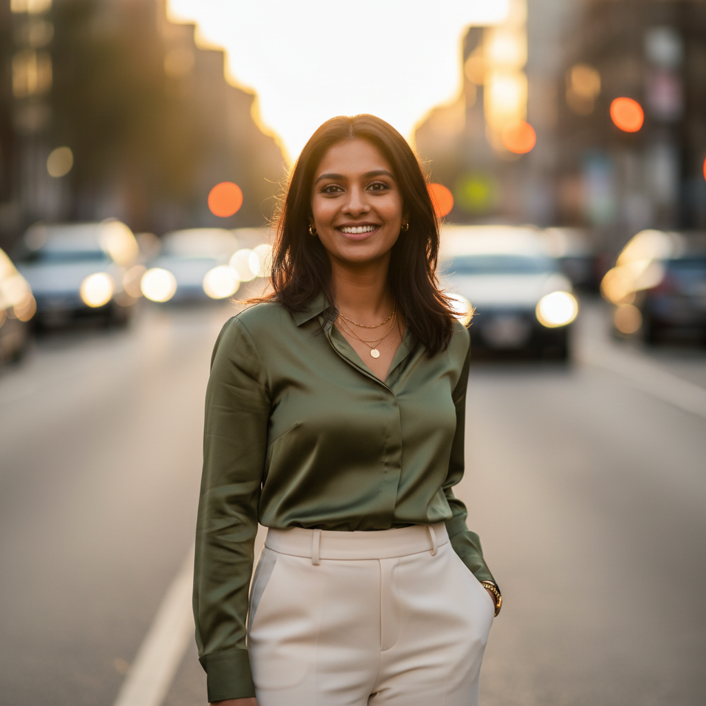 Smiling person on a city street
