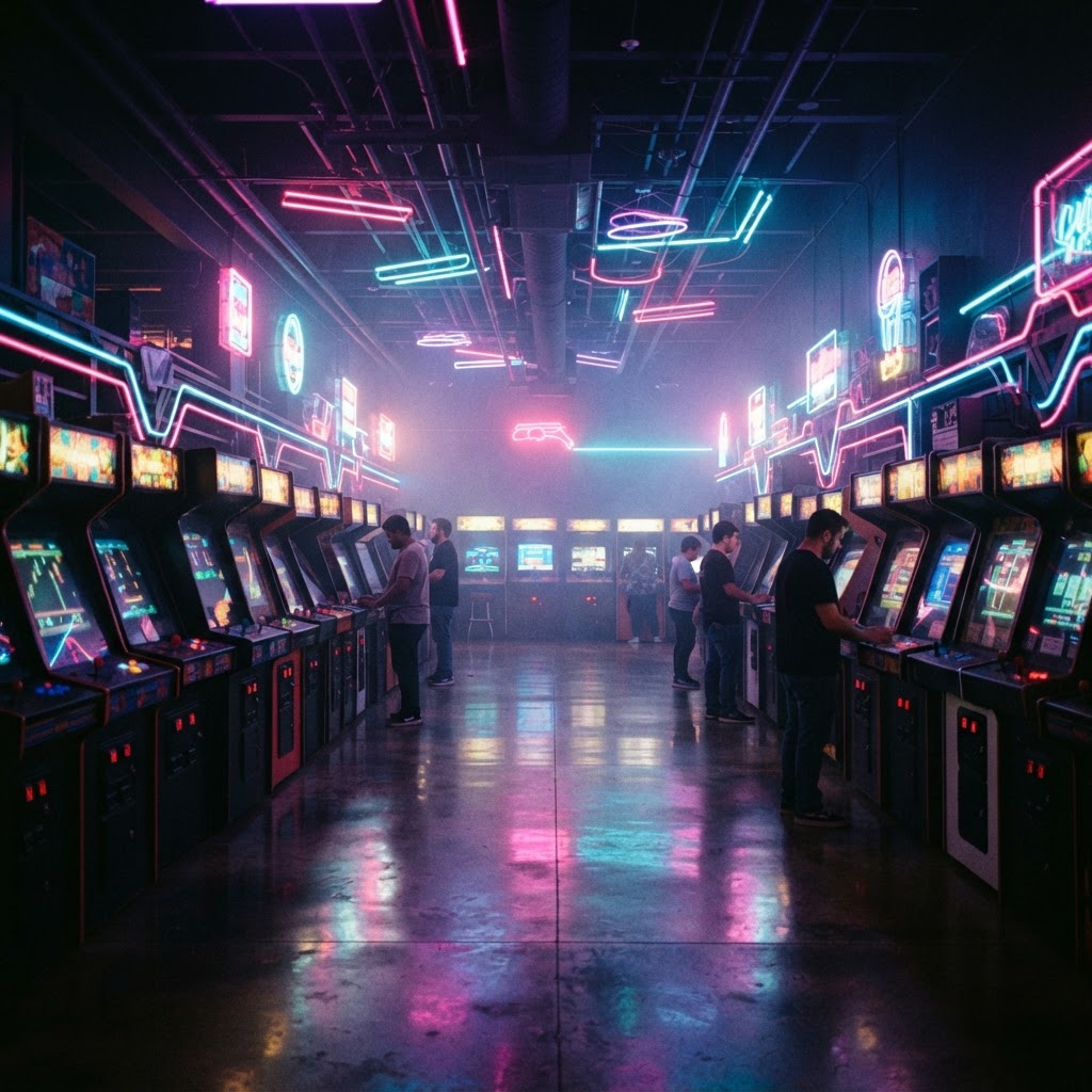 A neon-lit retro arcade filled with glowing game cabinets