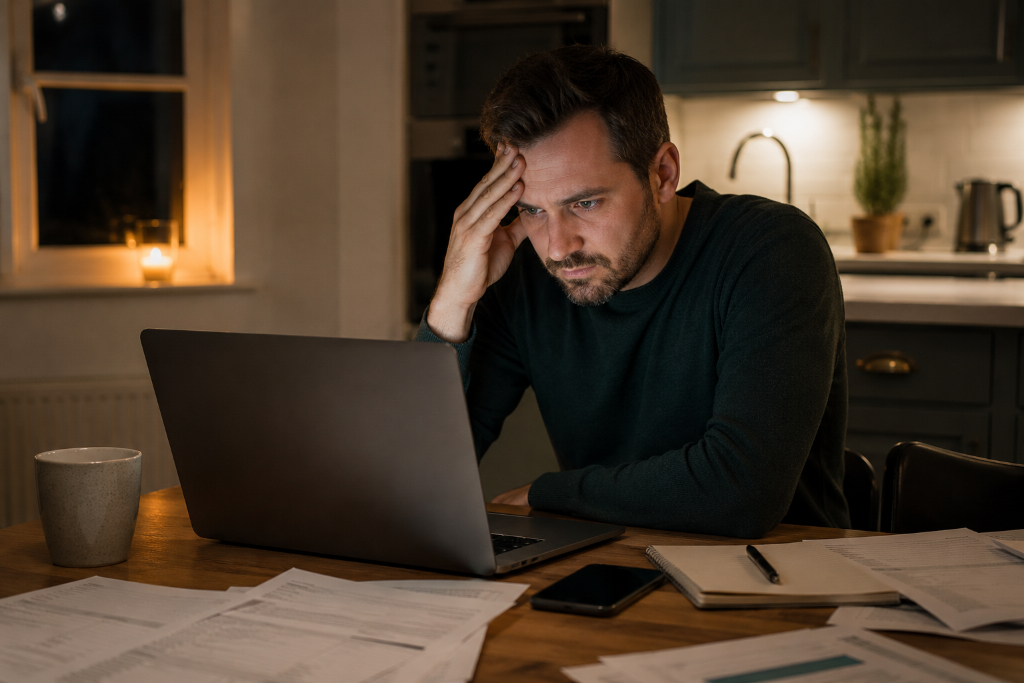 A UK property investor analysing deals at a kitchen table late evening, laptop open with scattered papers