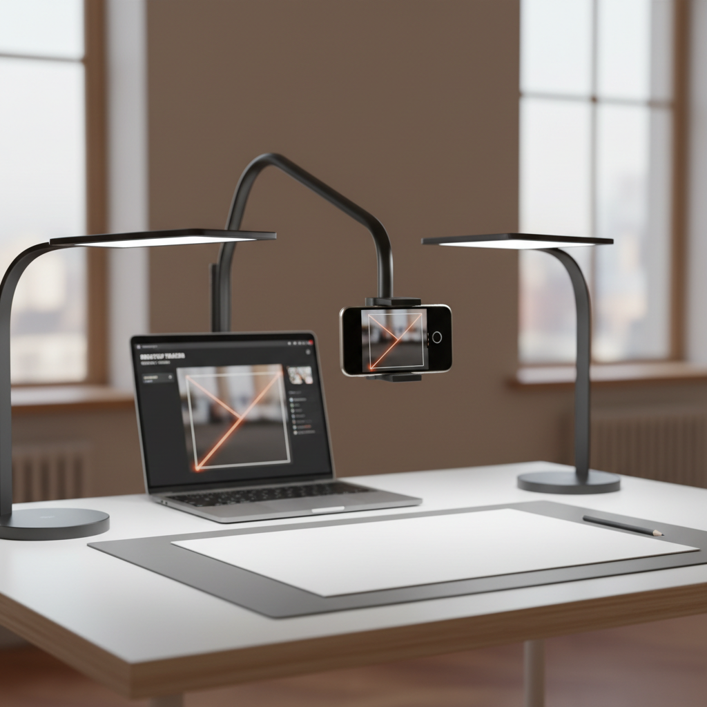 Drawing desk with overhead camera and two lights creating even illumination across the paper