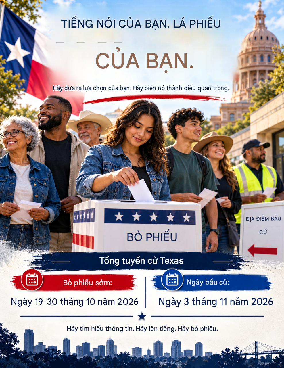 Texas general election flyer in Vietnamese — early voting October 19-30, 2026, election day November 3, 2026