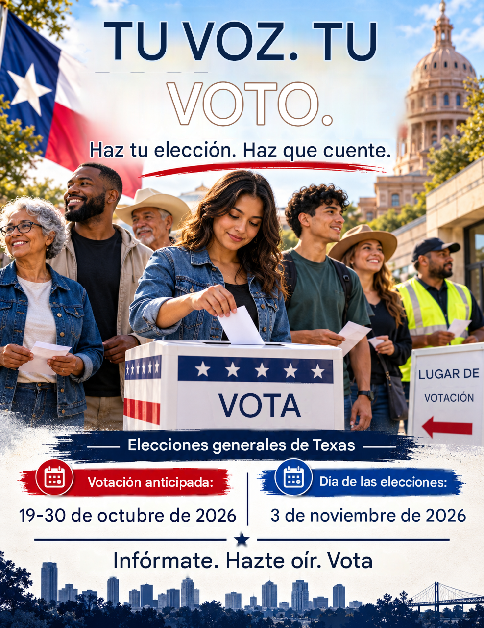Texas general election flyer in Spanish — early voting October 19-30, 2026, election day November 3, 2026