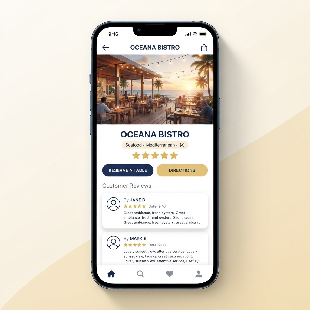 Ficha de un local con fotos, reseñas y botones de contacto