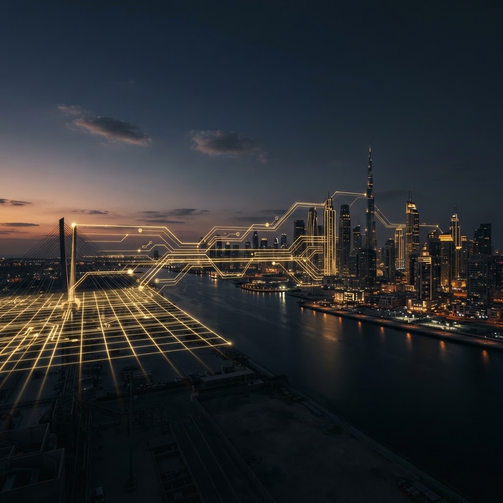 Dubai skyline connected by a gold AI network, representing the capability-to-transformation gap