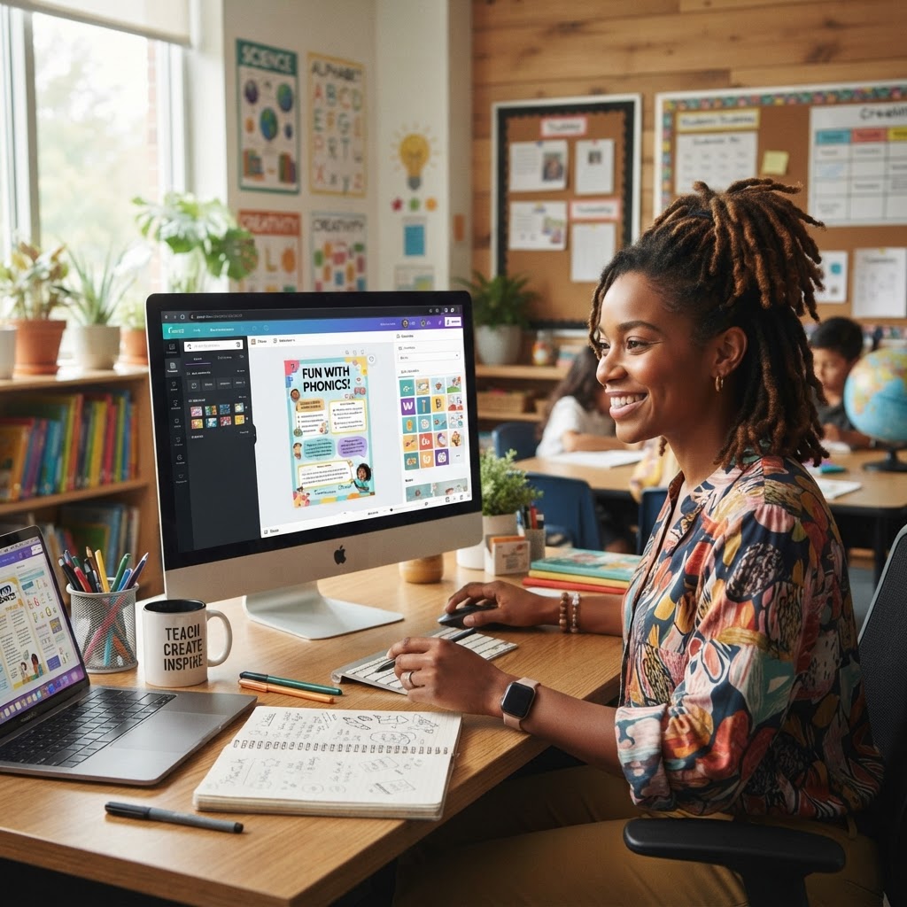 African-American teacher designing educational graphics in Canva