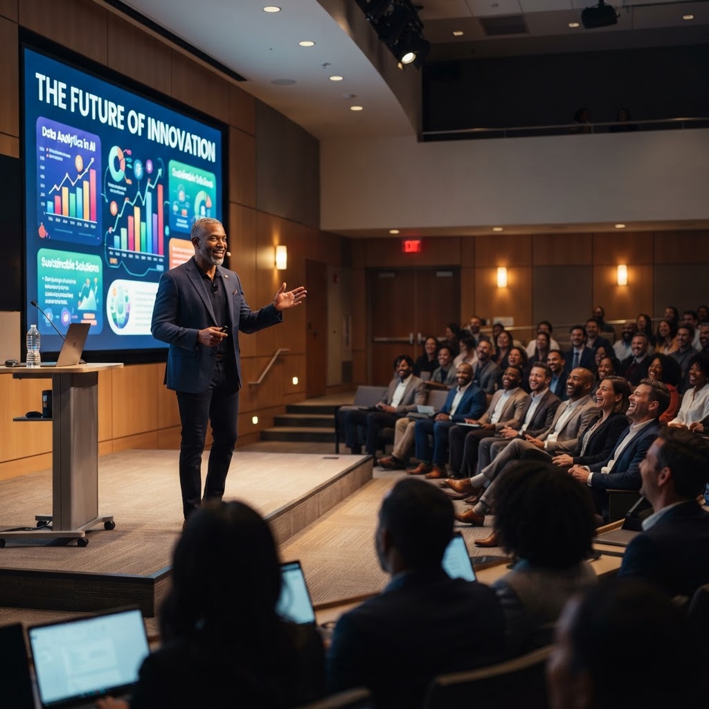 African-American educator presenting with AI tools