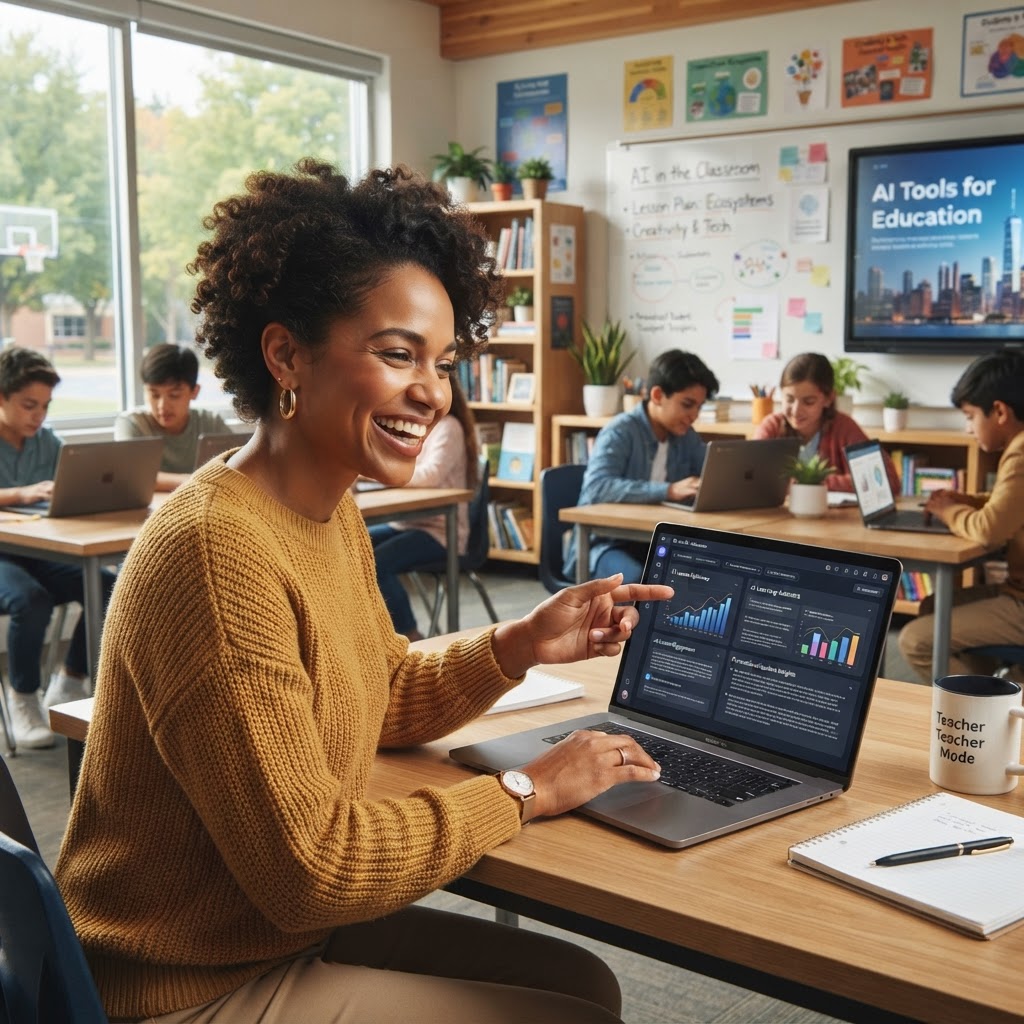 African-American teacher using AI tools on a laptop