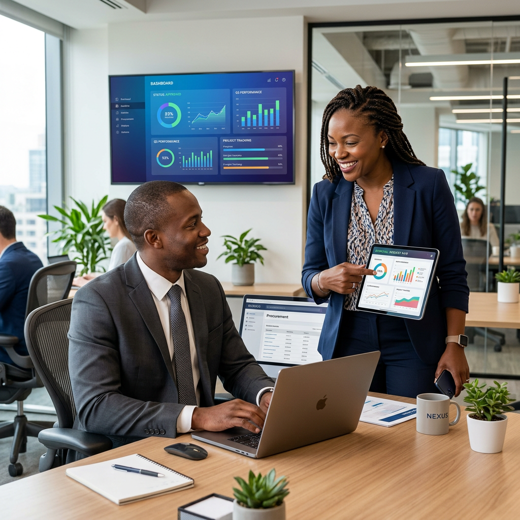 Procurement professional working at desk with laptop while manager approves on tablet, large P2P dashboard on screen behind them