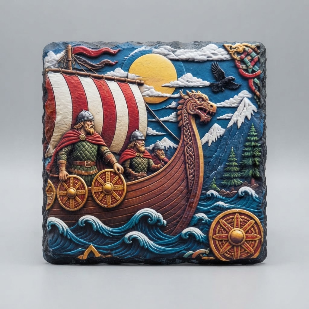 Viking Longship Slate Coaster Set