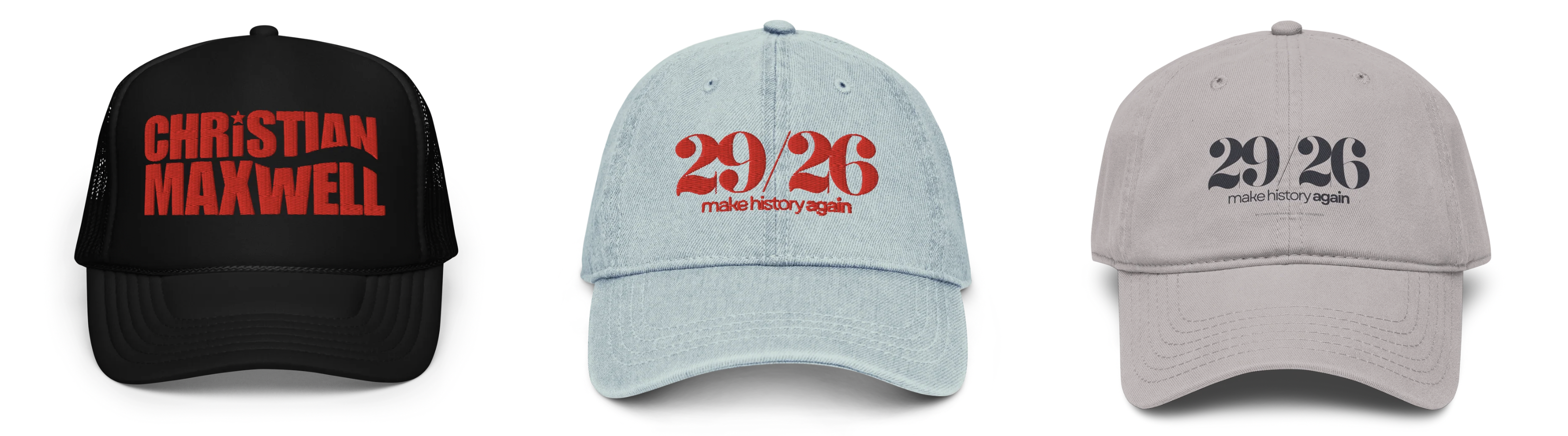29/26 Make History Again caps — black, denim, and grey