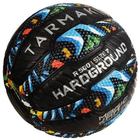 Bola Tarmak R500 Hardground tamanho 7 Decathlon — preta com grafismo ciano, verde e laranja para quadra externa