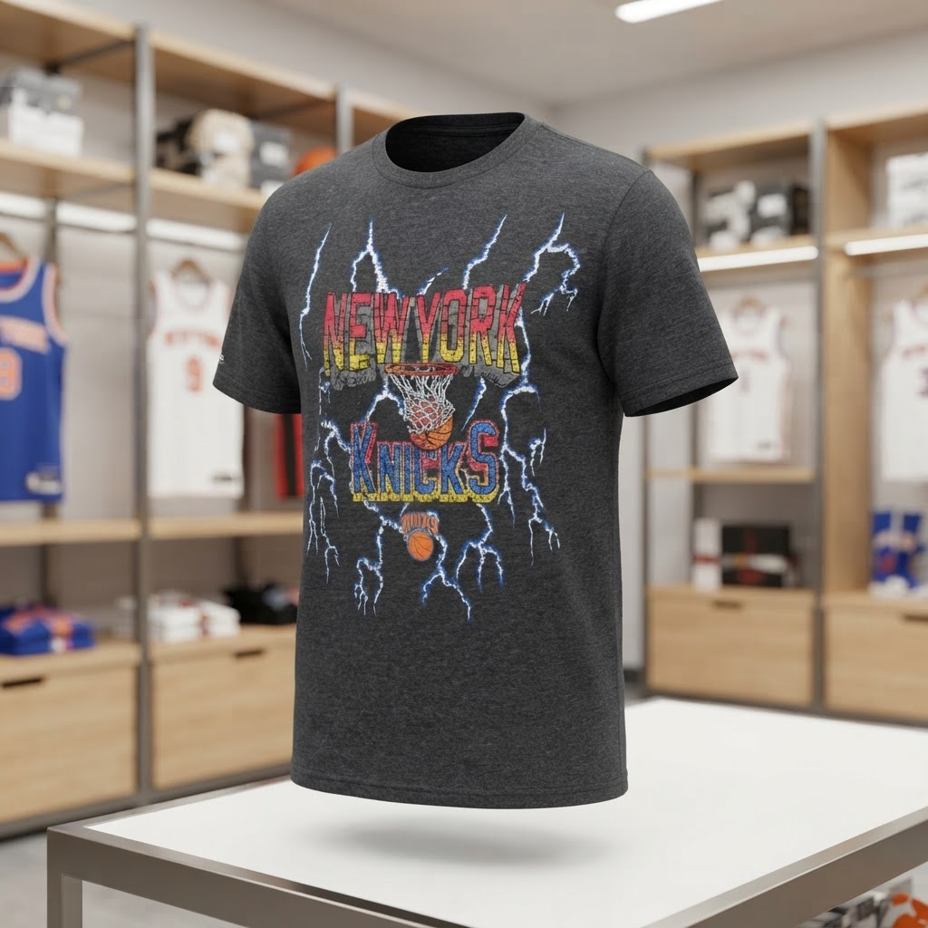 Camiseta Mitchell & Ness New York Knicks cinza com logo vintage e raios — Hardwood Classics retrô