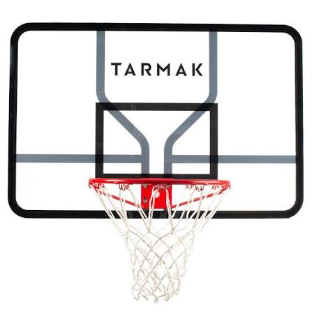 Tabela Tarmak transparente policarbonato Decathlon com aro vermelho e rede branca — para parede