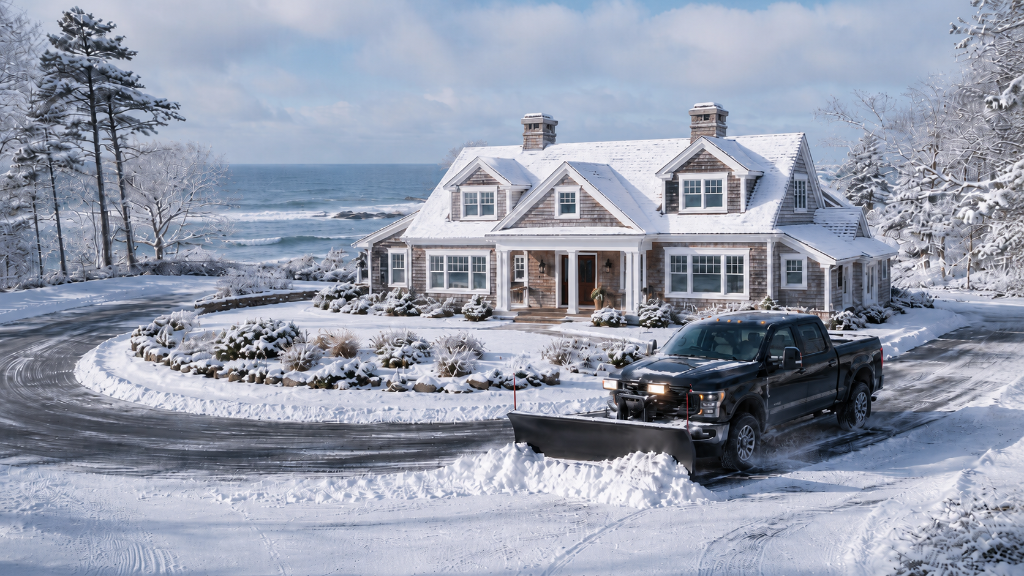 Snow plow truck clearing a snow-covered circular driveway at a coastal home in Rye, New Hampshire after a winter storm