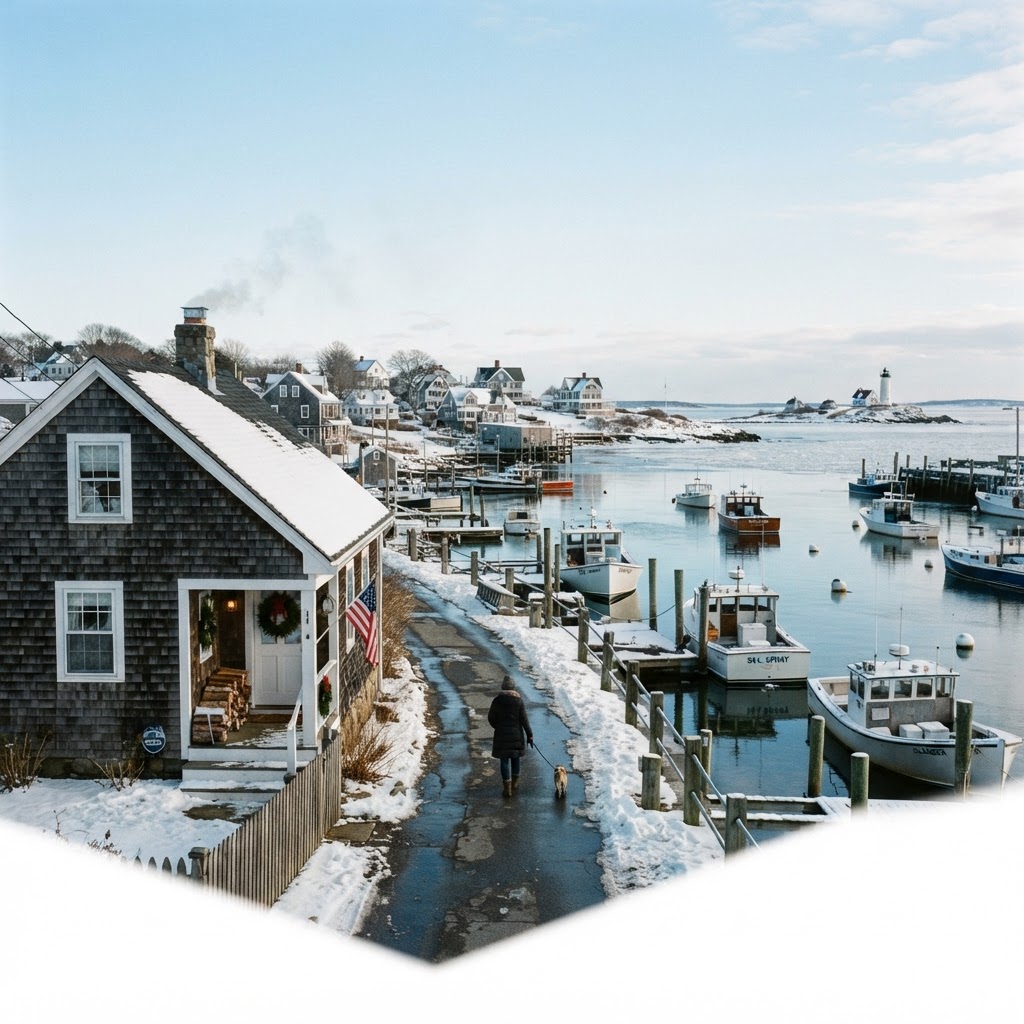 Waterfront shingled cottage with light snow along a coastal harbor lane in New Castle, New Hampshire in winter