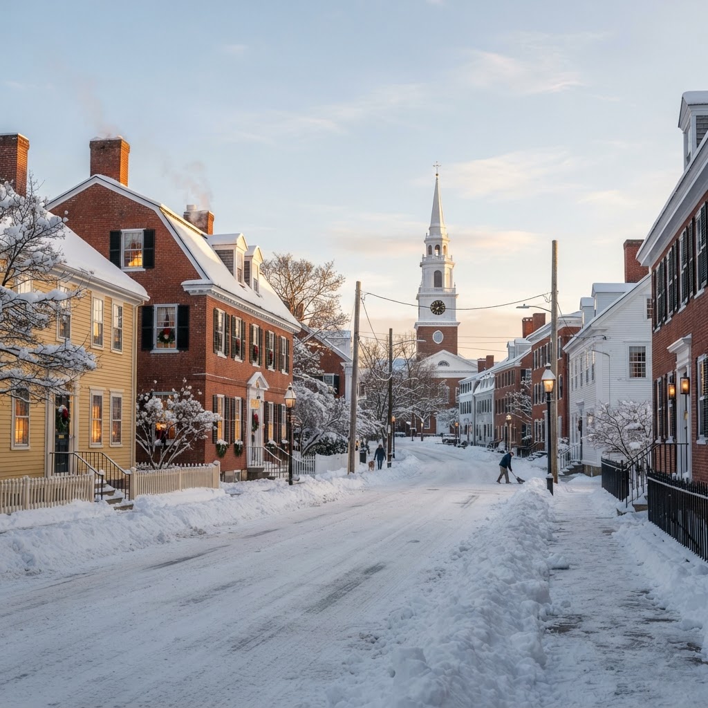 Snow-covered historic residential street with colonial homes in Portsmouth, New Hampshire after winter snow plowing