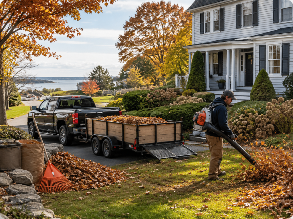 Leaf pickup provider blowing leaves and loading a trailer at a Seacoast New Hampshire home in fall