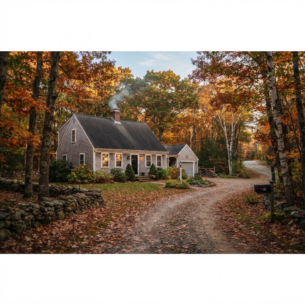 Wooded residential lot with a leaf-covered driveway and mature autumn trees in North Hampton, New Hampshire