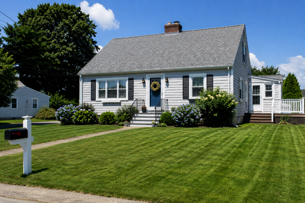 Classic Rye New Hampshire residential home with a freshly mowed front lawn