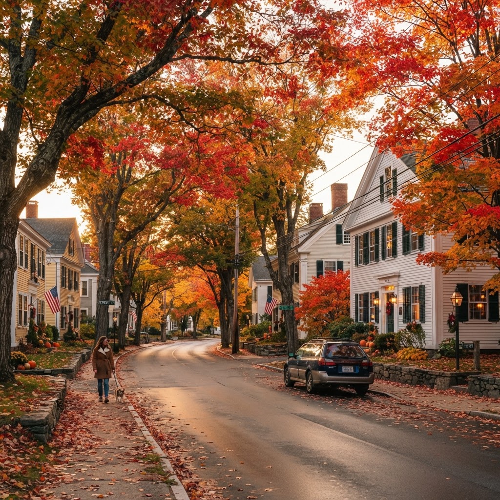 Tree-lined residential street with colonial homes and vibrant fall foliage in Exeter, New Hampshire during leaf season