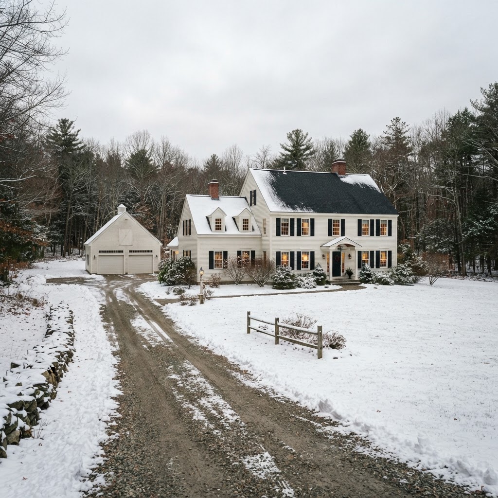 Spacious colonial home with a freshly plowed long driveway on a large snowy lot in Stratham, New Hampshire