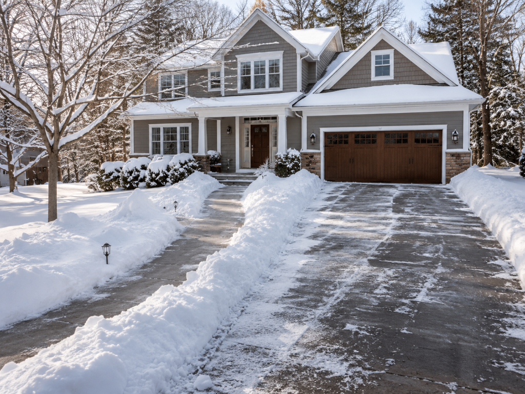 Snow-covered residential driveway at a New England home in winter