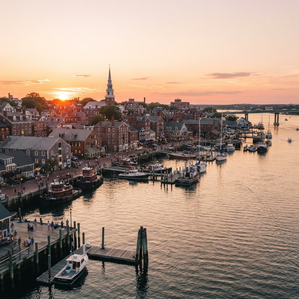 Portsmouth New Hampshire waterfront and historic homes at sunset