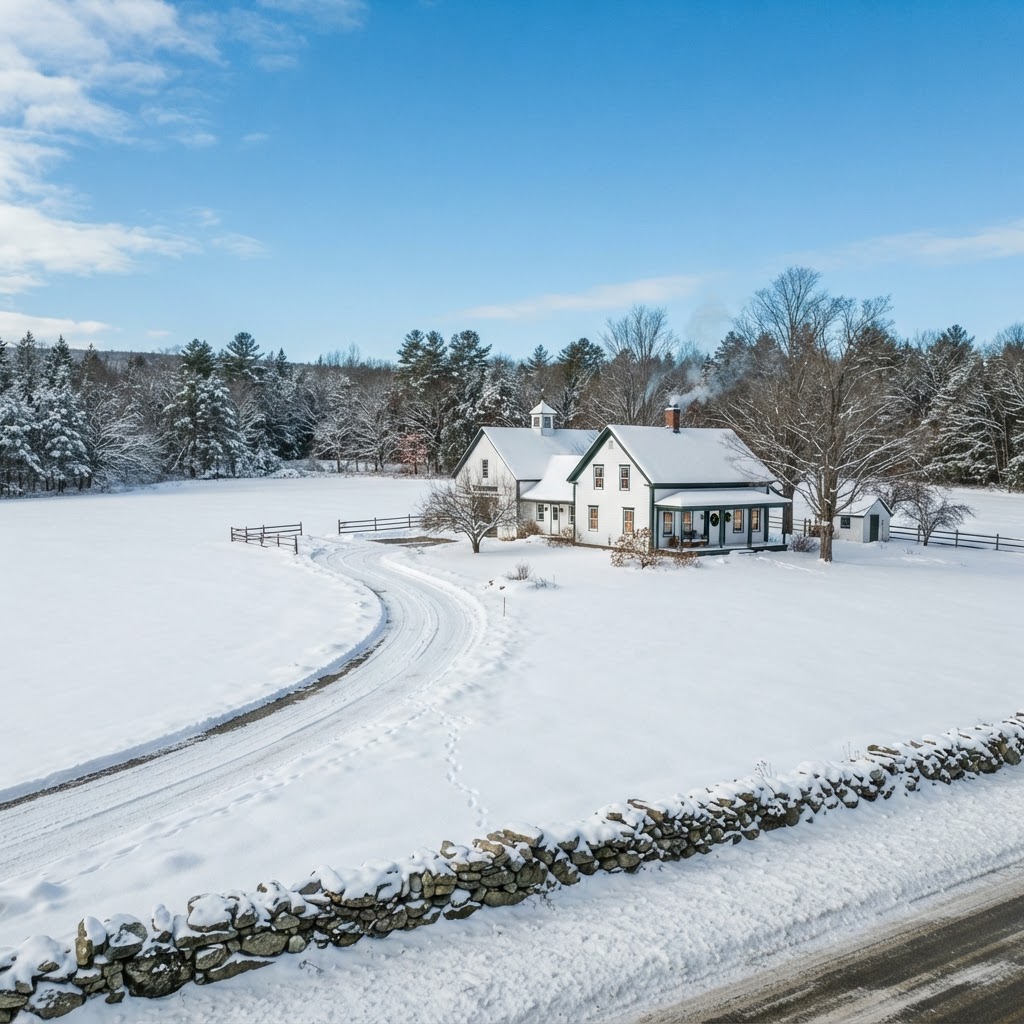 White farmhouse with a long snow-covered driveway and open snowy fields in Greenland, New Hampshire in winter