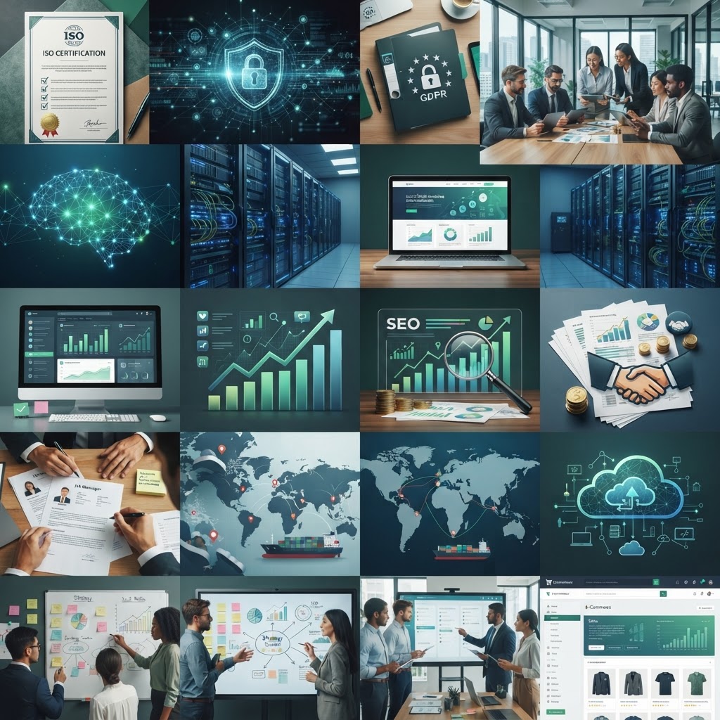 Collage of AWG Consultancy services: ISO certification, cyber security, data protection, business and AI consultancy, IT, web design and digital marketing