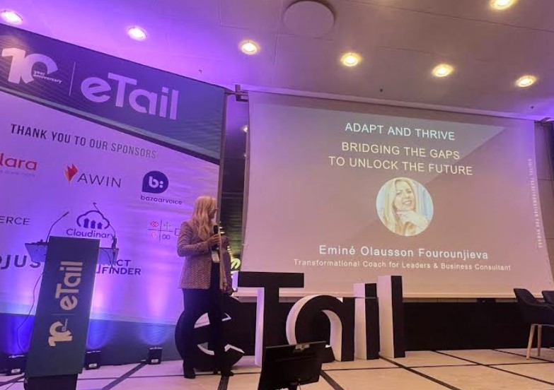Emi Olausson Fourounjieva delivering the Adapt and Thrive keynote at eTail