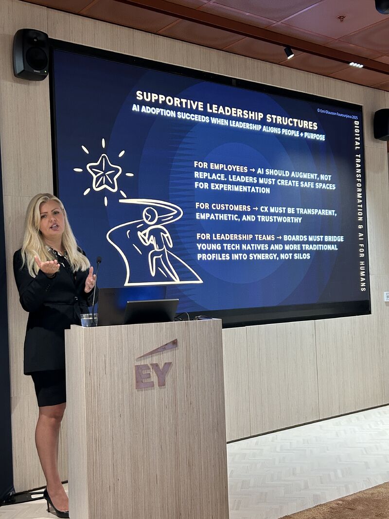 Emi Olausson Fourounjieva delivering executive education on AI adoption and supportive leadership structures